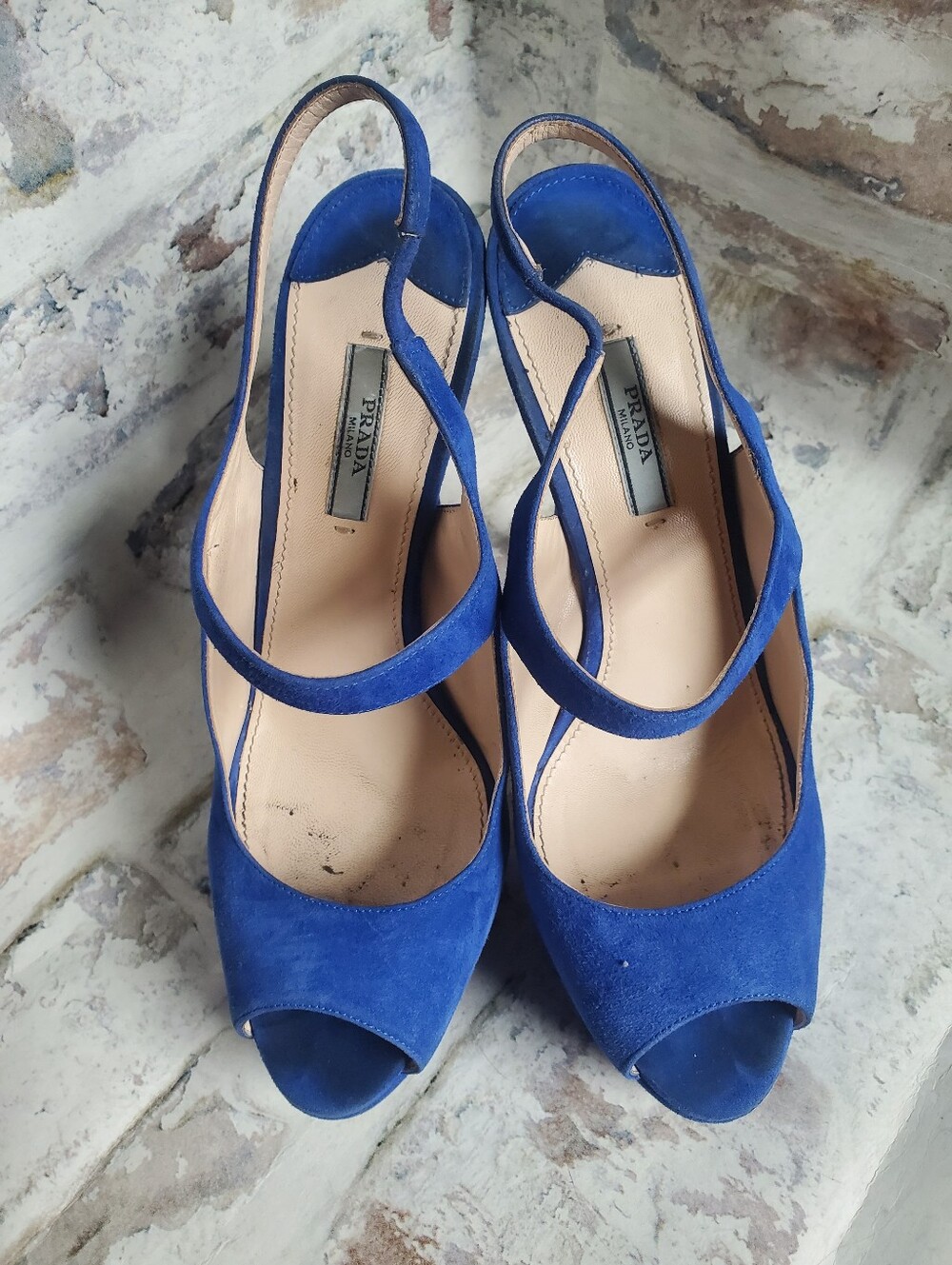 PRADA Cobalt Blue Suede Platform Peep-Toe Slingback Heels Size 40 - Picture 4 of 16